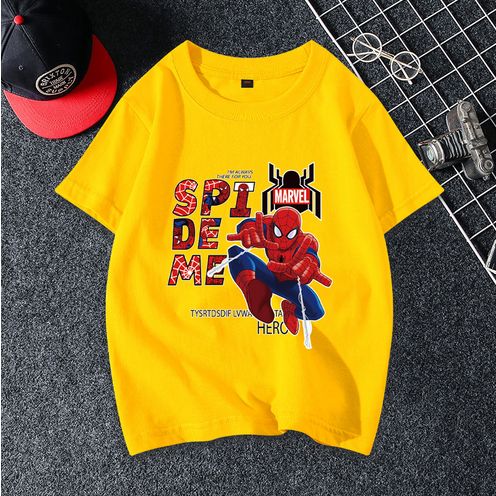 Male Children Boys Cloth Spideman Polos T-shirt Cartoon Character Round Neck-yellow