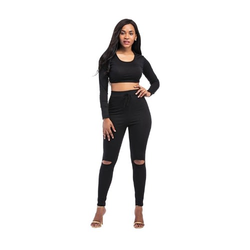 Ladies Casual Hoodies Top And Trouser Set - Black