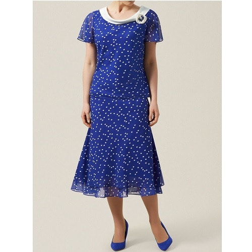 Spotted Layer Skirt & Cowl Neck Top Suit - Blue