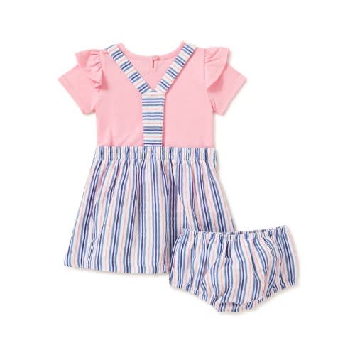 Baby Girls Dress Pinafore, Top & Diaper Cover - 3 Pieces Outfit Set - Stripped
