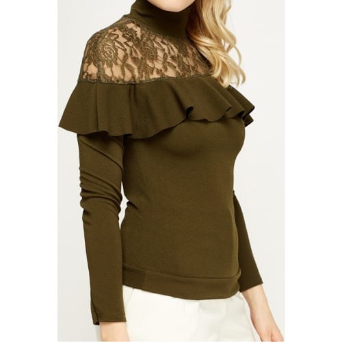 Ruffle Lace Insert Olive Top