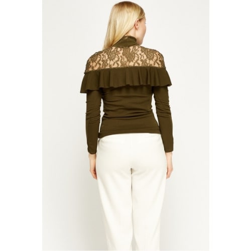 Ruffle Lace Insert Olive Top