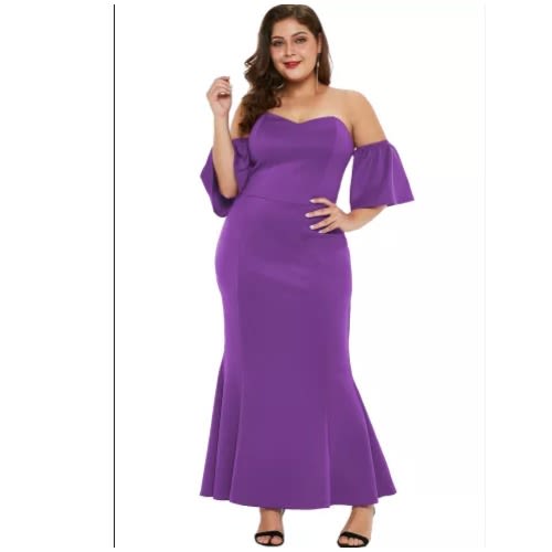 Sexy Strapless Drop Shoulder Maxi Dress - Purple