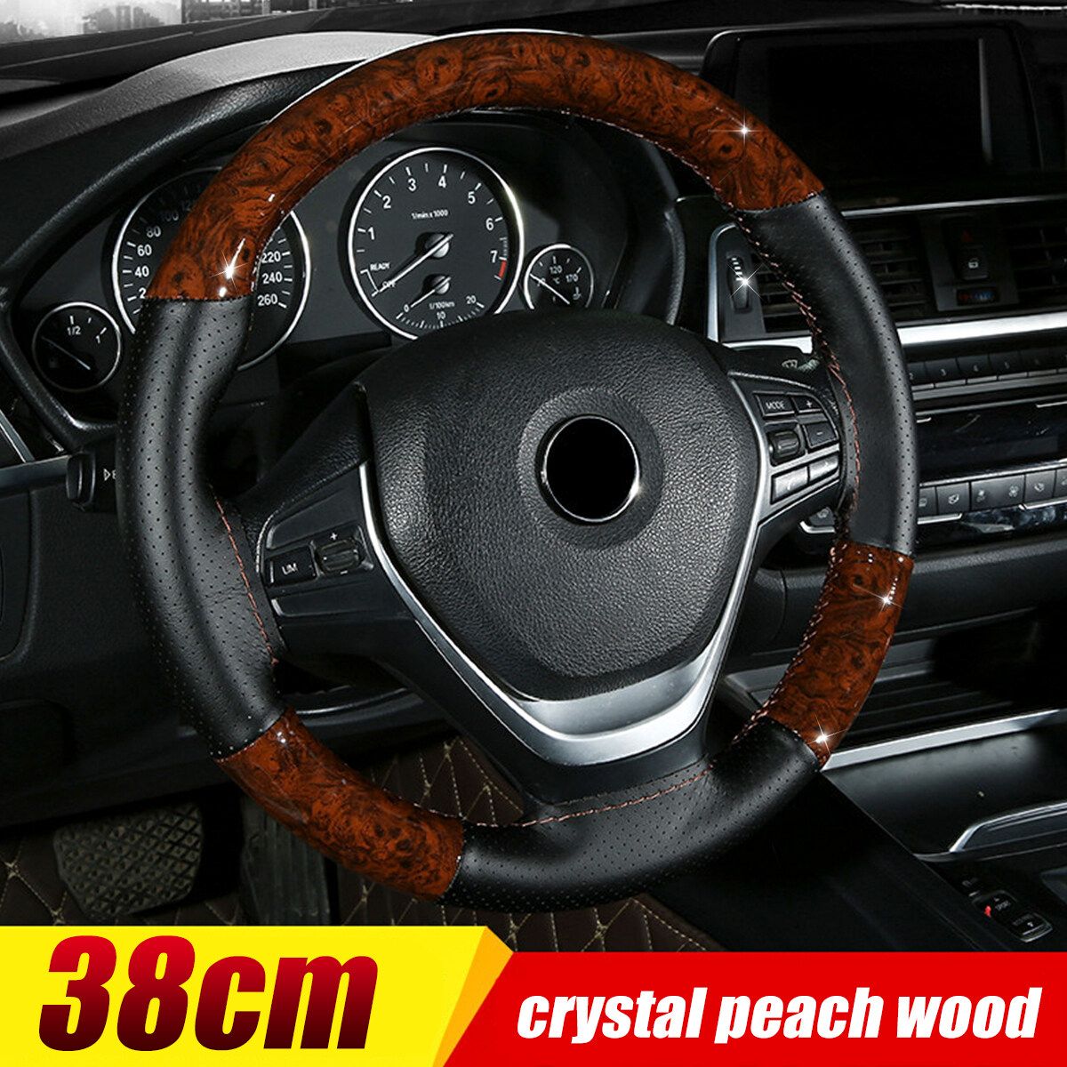 38CM Wooden Pattern Steering Wheel Cover Universal Braiding Leather Car Wheel Cover Sports Style Covers For Steering Wheel Coffee - One Cover