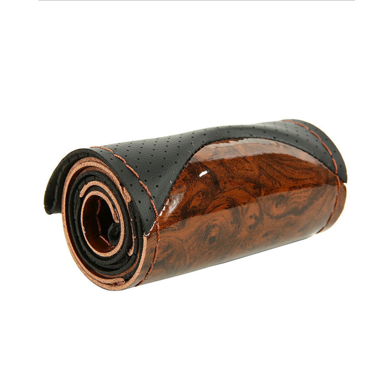 38CM Wooden Pattern Steering Wheel Cover Universal Braiding Leather Car Wheel Cover Sports Style Covers For Steering Wheel Coffee - One Cover