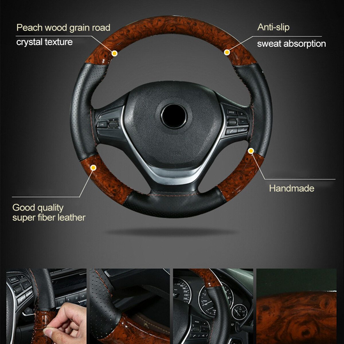 38CM Wooden Pattern Steering Wheel Cover Universal Braiding Leather Car Wheel Cover Sports Style Covers For Steering Wheel Coffee - One Cover