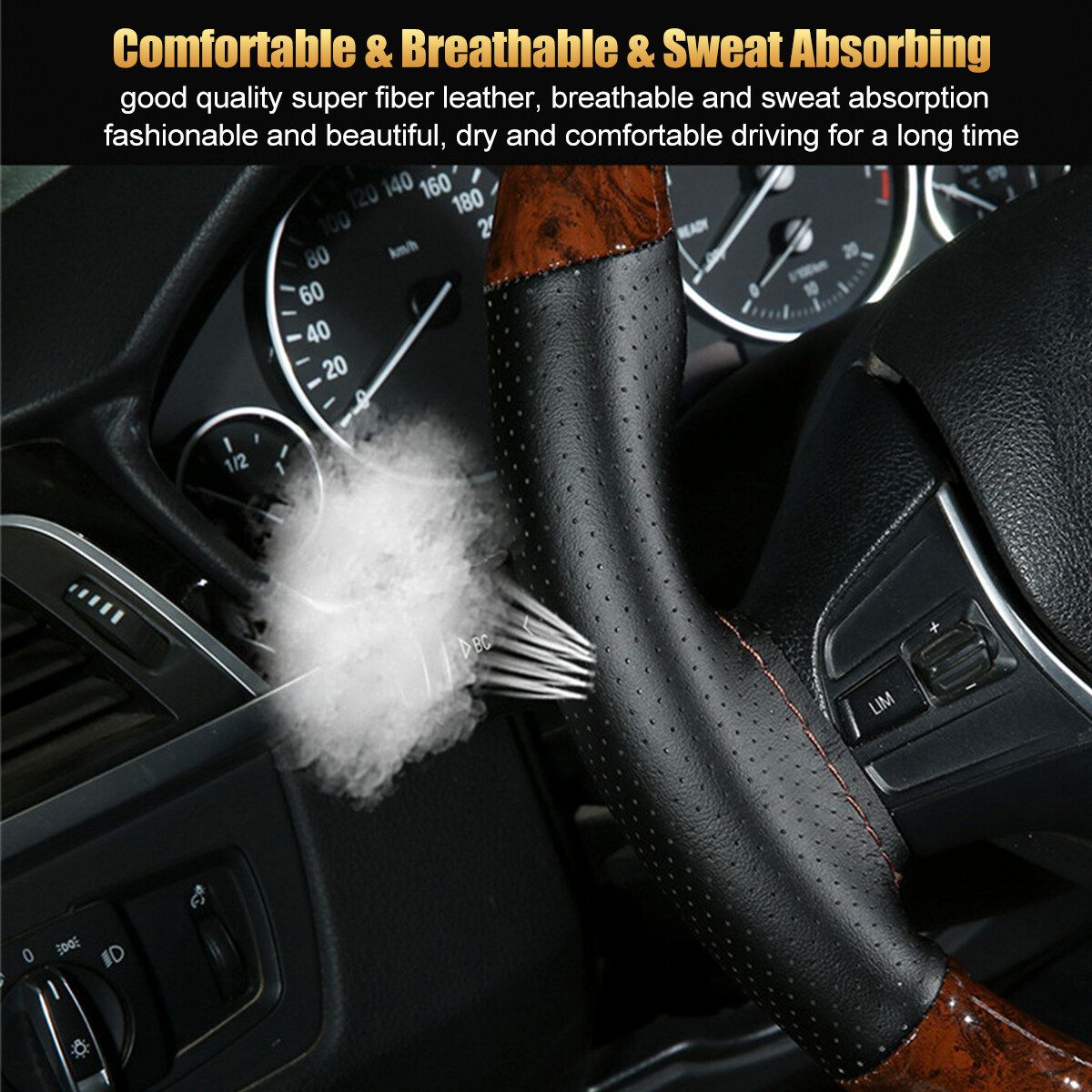 38CM Wooden Pattern Steering Wheel Cover Universal Braiding Leather Car Wheel Cover Sports Style Covers For Steering Wheel Coffee - One Cover