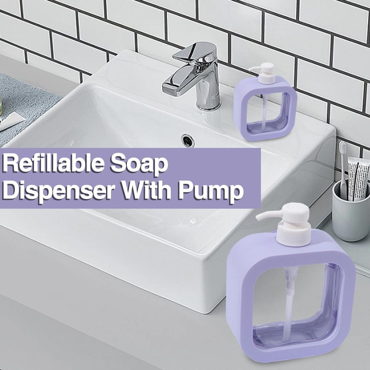 Refillable Soap Dispenser with Pump Square Dispenser Bottle for Lotion Purple