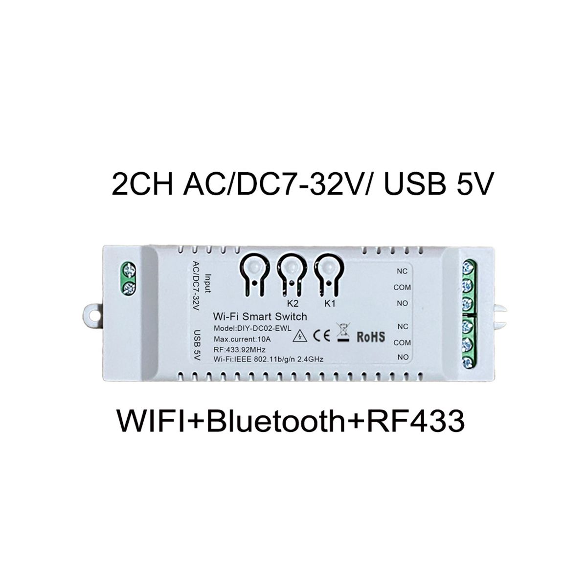 2CH WiFi Smart Switch DIY Timer+Remote 7-32V WiFi+RF433+BT