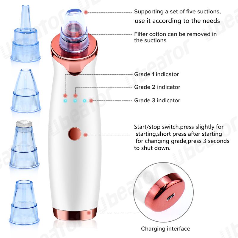 USB Charging Vacuum Suction Blackhead Remover For Nose,Facial Pore Acne Grease Cleaner Skin Care-A5