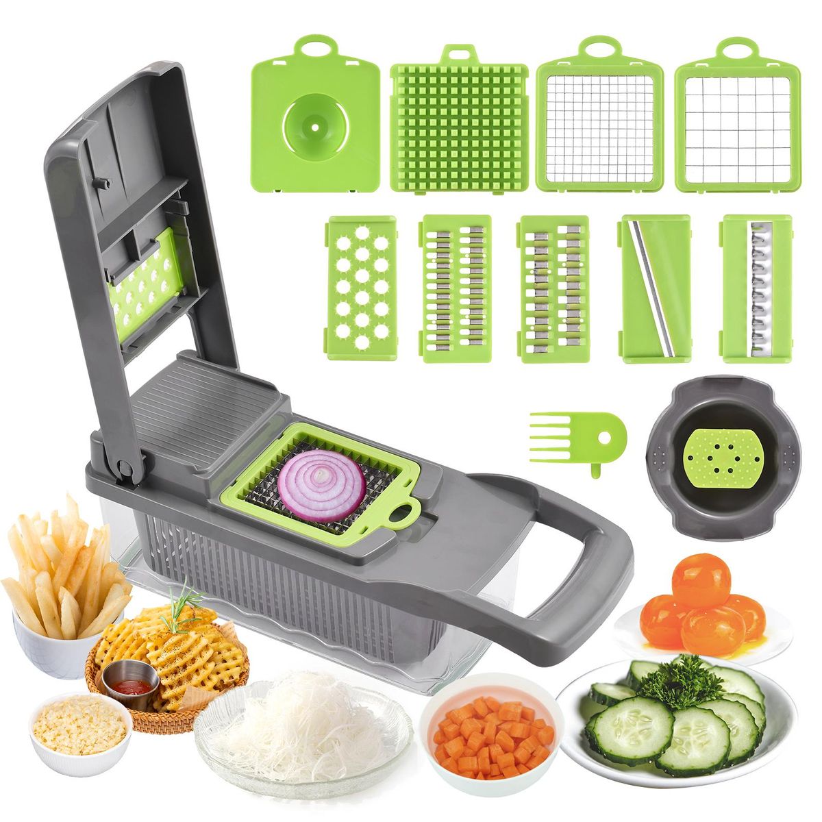 Vegetable Chopper Cutter Multifunctional Food Veggie Onion Chopper Kitchen Composite Tool Slicer Dicer Garlic Grinding Egg Seperator 8in1 Accessories