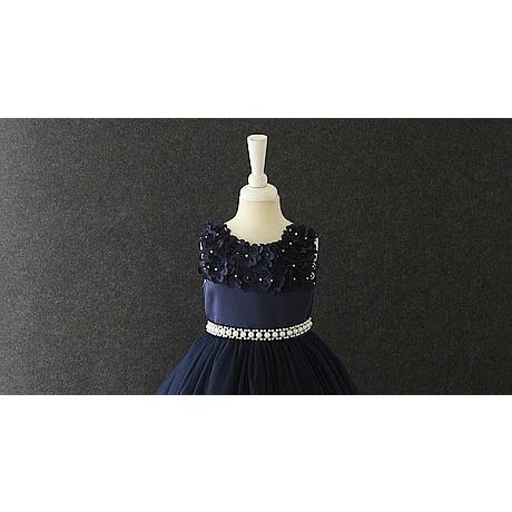 Girl Gown Petal Chest With Pearls - Navy Blue