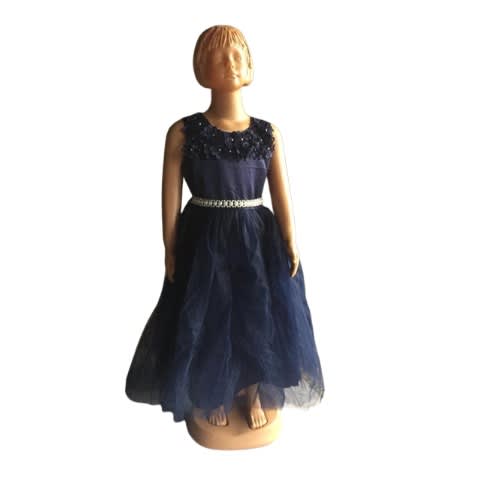 Girl Gown Petal Chest With Pearls - Navy Blue