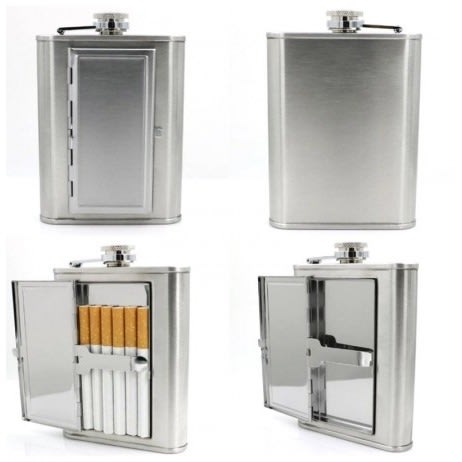 Stainless Steel Hip Flask With Built-in Cigarette Case + Free Funnel