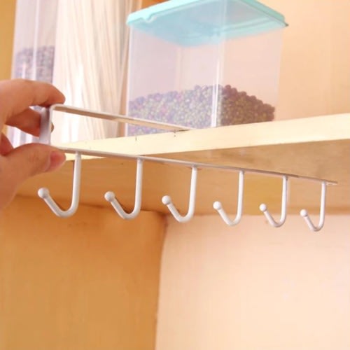 6 Hook Kitchen Mounted Under Cabinet Shelf Rack Hanger