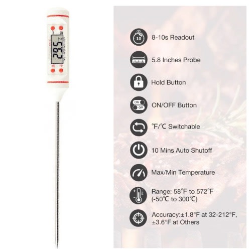 Long Probe Electronic Digital Thermometer Stainless Steel