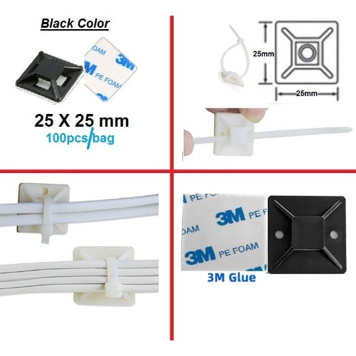 Black 25 X 25mm Adhesive Cable Base Zip Tie Mounts