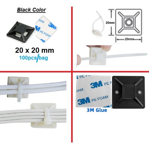 Black 20 X 20mm Adhesive Cable Base Zip Tie Mounts