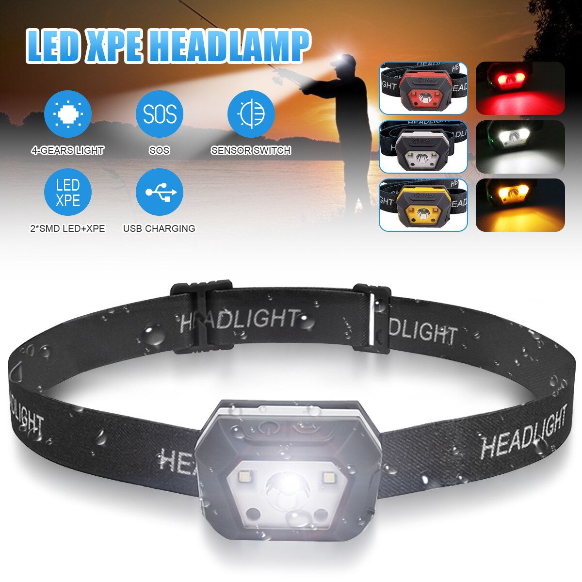 LED Extra Bright Torch Head Light USB Rechargeable Lamp Fish Vision Expansio * Red Light