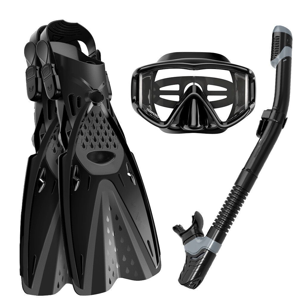 HHAOSPORT 3PCS/Set Snorkel Cover Swimming Glasses + Underwater Breathing Tube + Diving Fins Diving Black ML XL