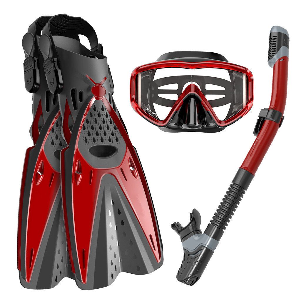 HHAOSPORT 3PCS/Set Snorkel Cover Swimming Glasses + Underwater Breathing Tube + Diving Fins Diving Red ML XL