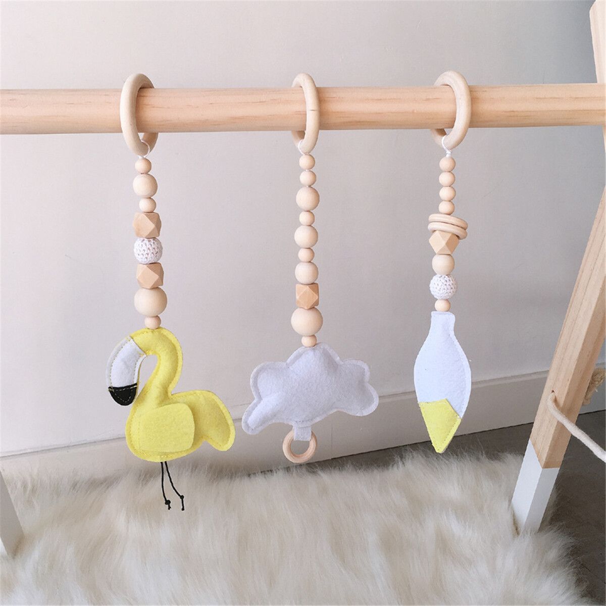 3Pcs Wooden Hanging Toys Play Stand Ornaments Nursery Fun Mobile Rack Activity Gym Gift For Baby White