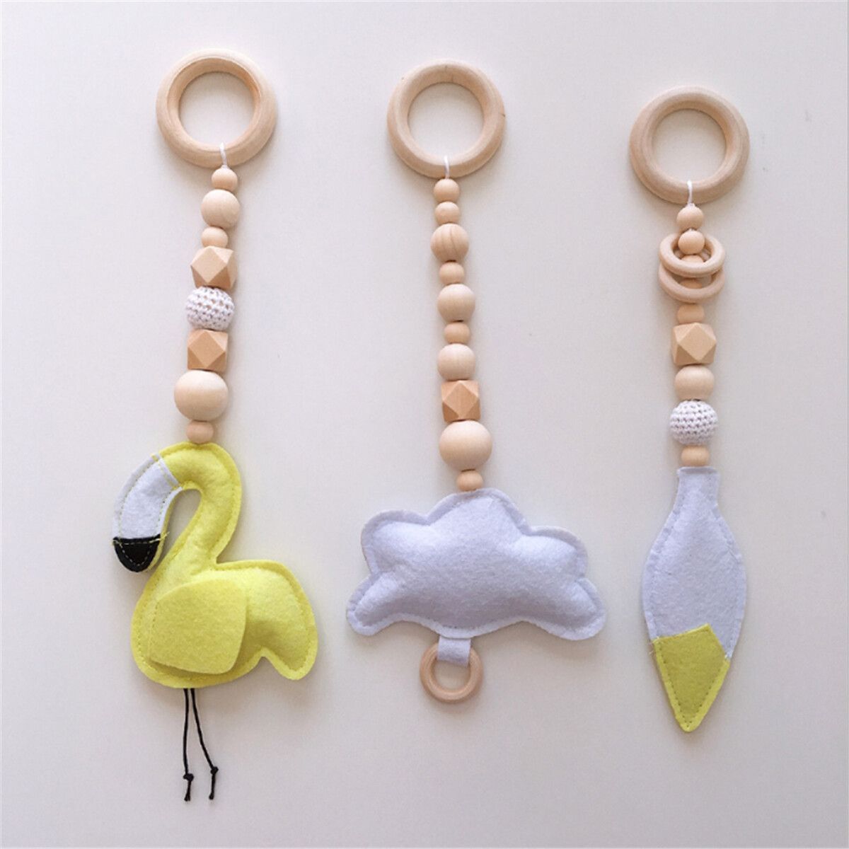 3Pcs Wooden Hanging Toys Play Stand Ornaments Nursery Fun Mobile Rack Activity Gym Gift For Baby White