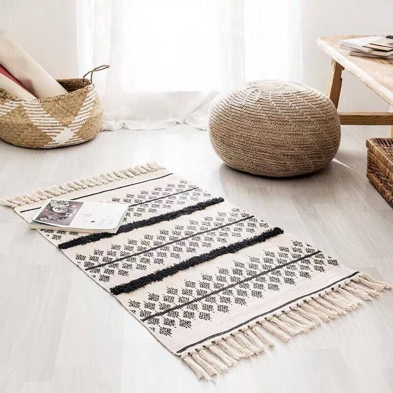Retro Bohemian Hand Woven Cotton Linen Tassel Carpet Rug Bedside Rug Geometric Floor Mat Living Room Bedroom Carpet Home Decor Pattern 3