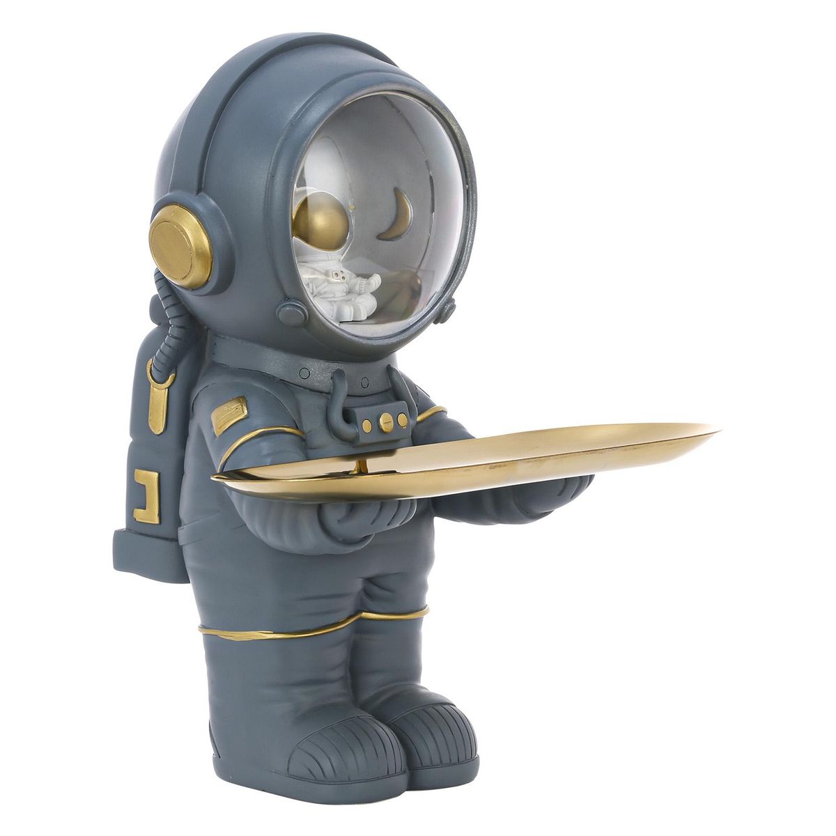 Tomfeel Astronaut Holder Metal Tray Astronaut Sculpture Light Resin Ornament Entrance Cabinet Key, Cosmetics, Trinkets Storage Living Room Desk Decoration Gift White&Gray