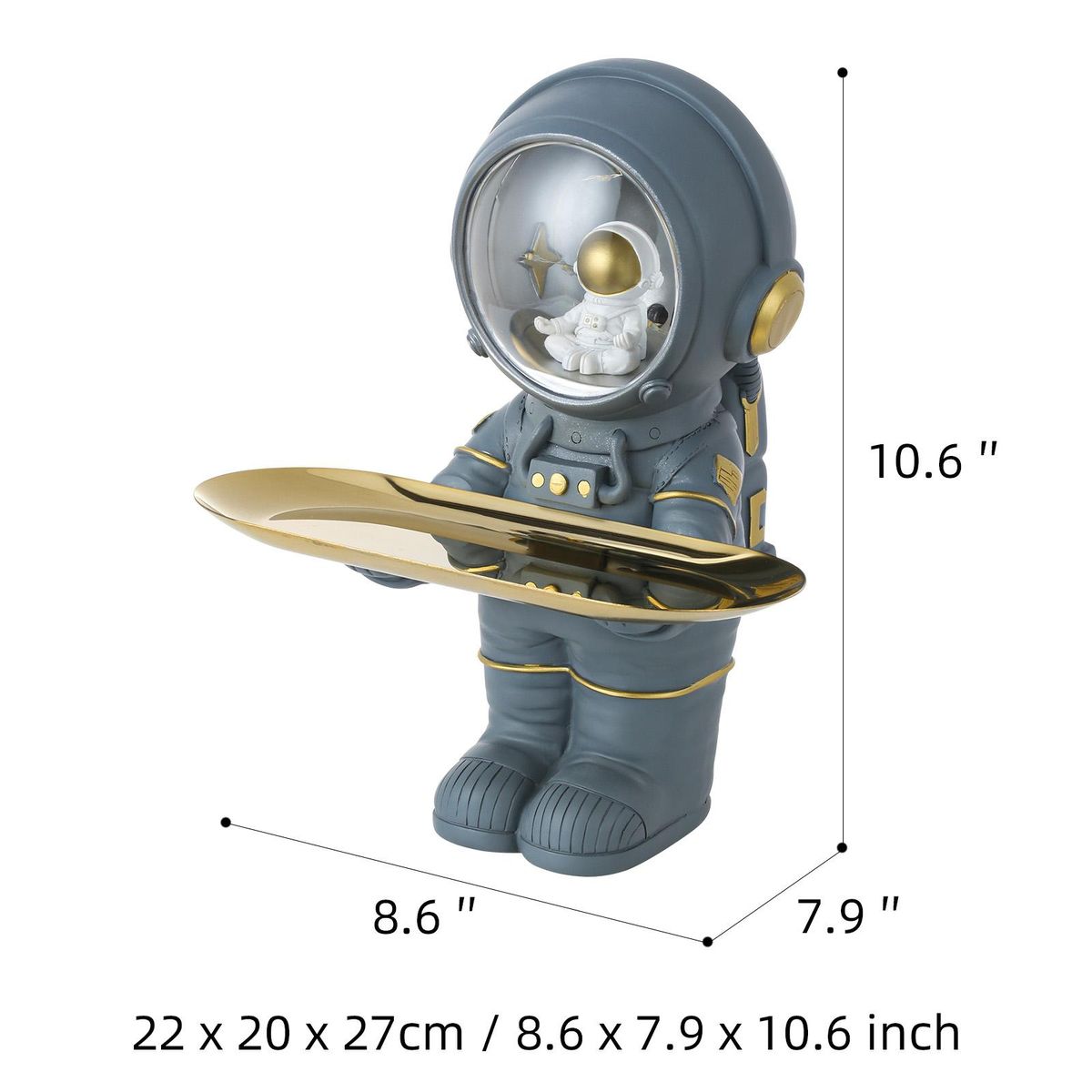 Tomfeel Astronaut Holder Metal Tray Astronaut Sculpture Light Resin Ornament Entrance Cabinet Key, Cosmetics, Trinkets Storage Living Room Desk Decoration Gift White&Gray