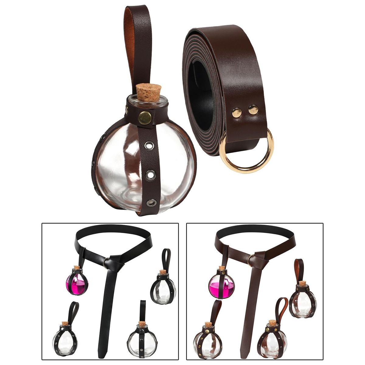 Belt PU Leather Belt With Potion Bottle Rings Brown