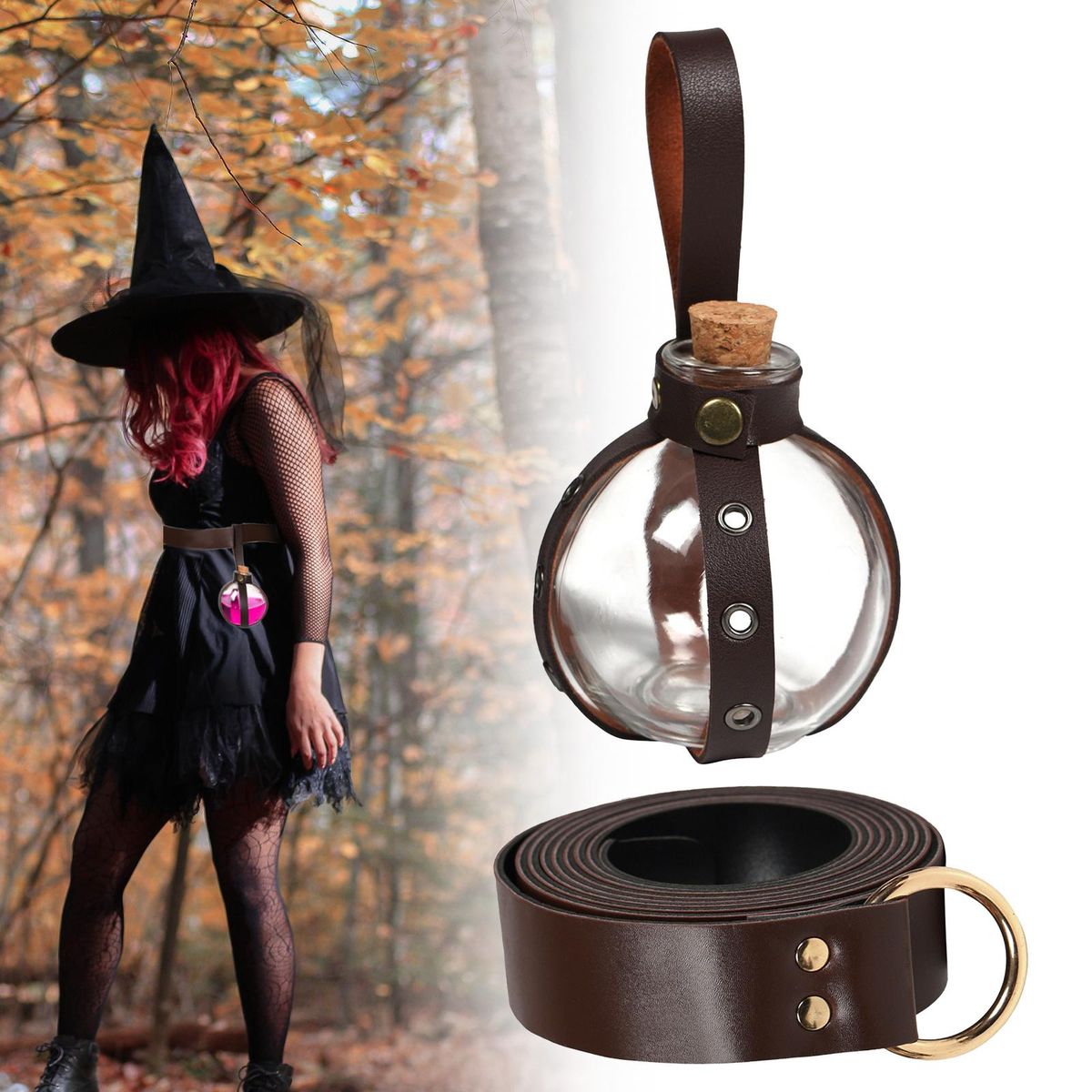 Belt PU Leather Belt With Potion Bottle Rings Brown