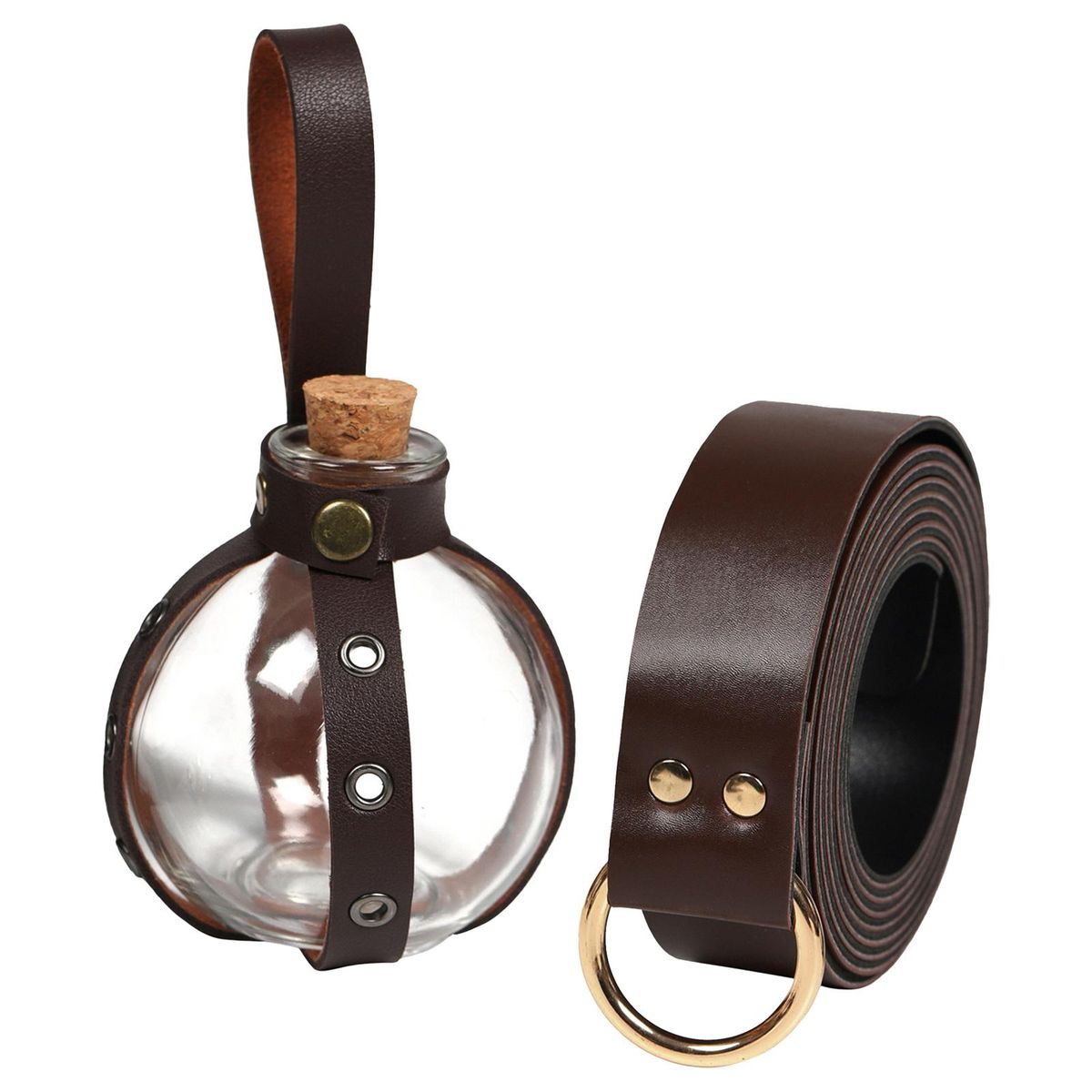 Belt PU Leather Belt With Potion Bottle Rings Brown