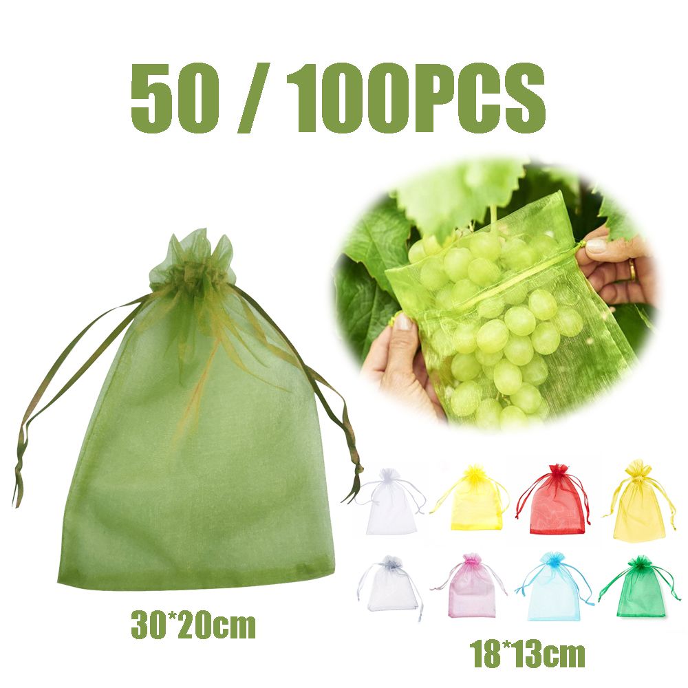 50/100pcs Garden Drawstring Netting Bags Fruit Vegetable Grapes Mesh Bag Against Insect-Wine Red 18x13cm