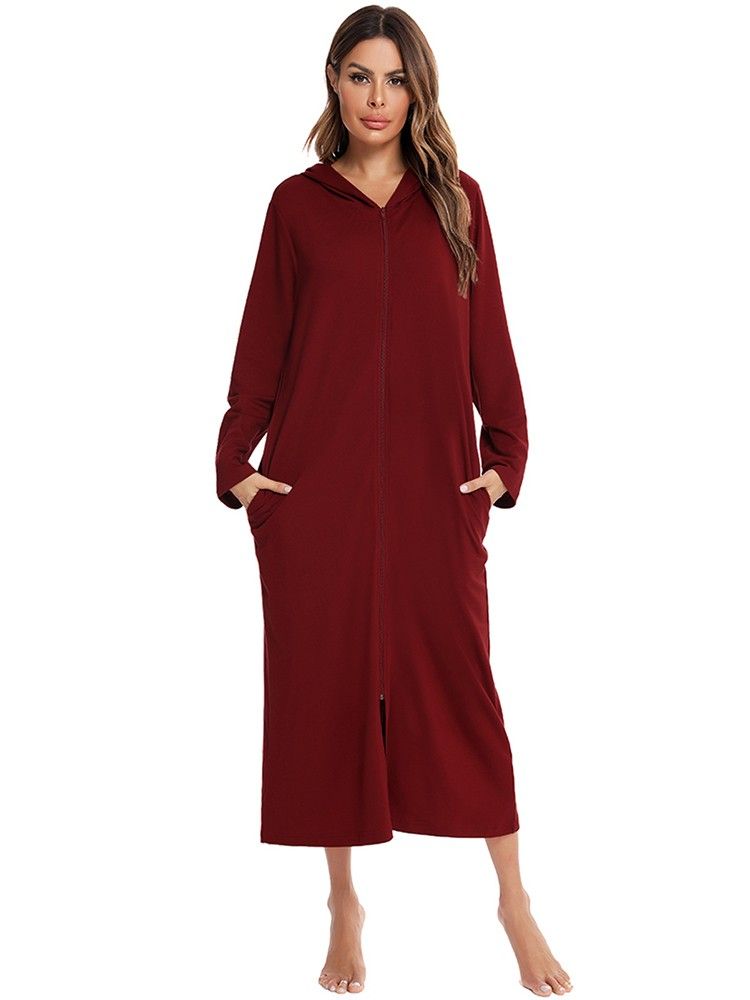 Women Winter Nightgown Hooded Pocket Zip Up Long Sleeve