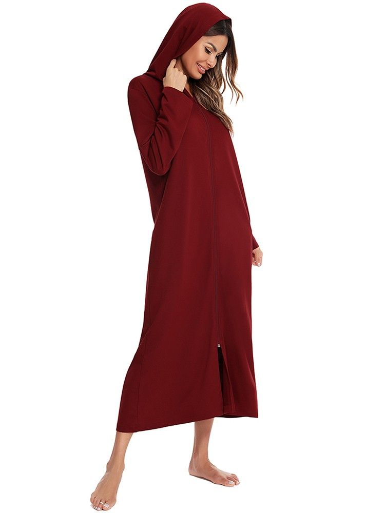 Women Winter Nightgown Hooded Pocket Zip Up Long Sleeve