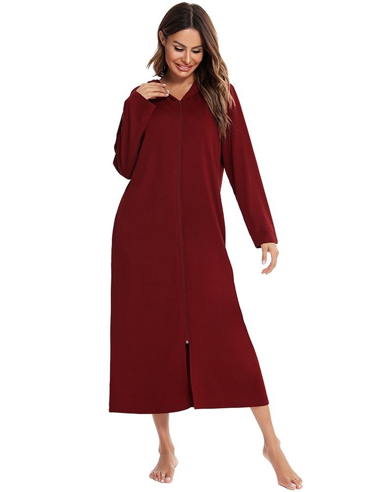 Women Winter Nightgown Hooded Pocket Zip Up Long Sleeve
