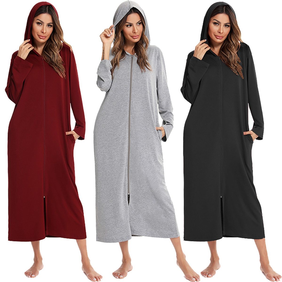 Women Winter Nightgown Hooded Pocket Zip Up Long Sleeve