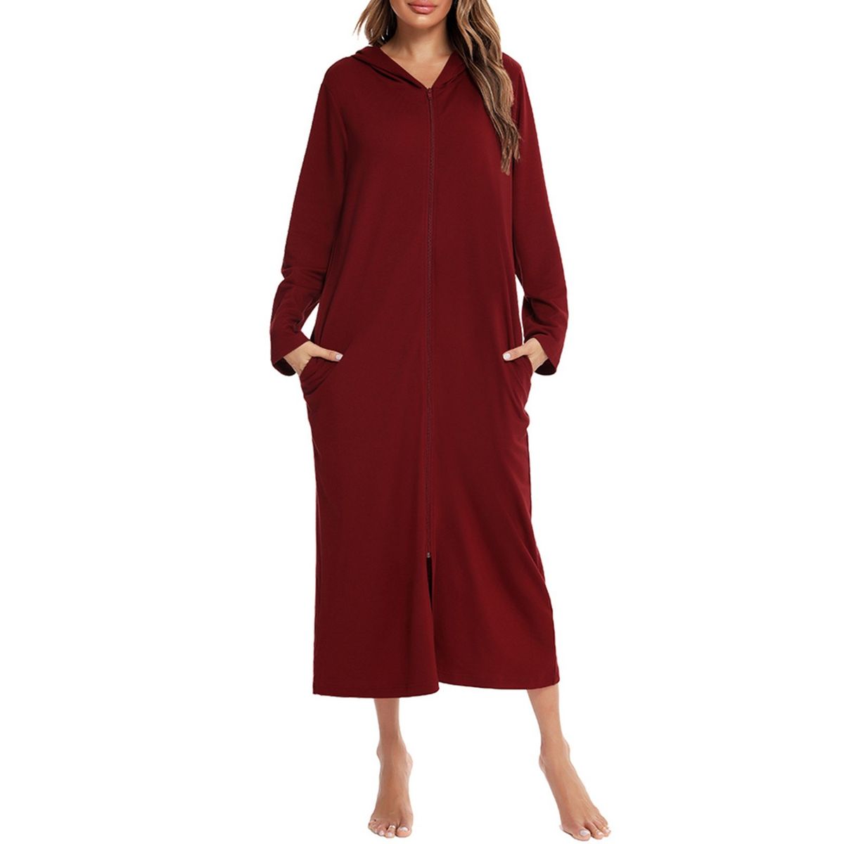 Women Winter Nightgown Hooded Pocket Zip Up Long Sleeve