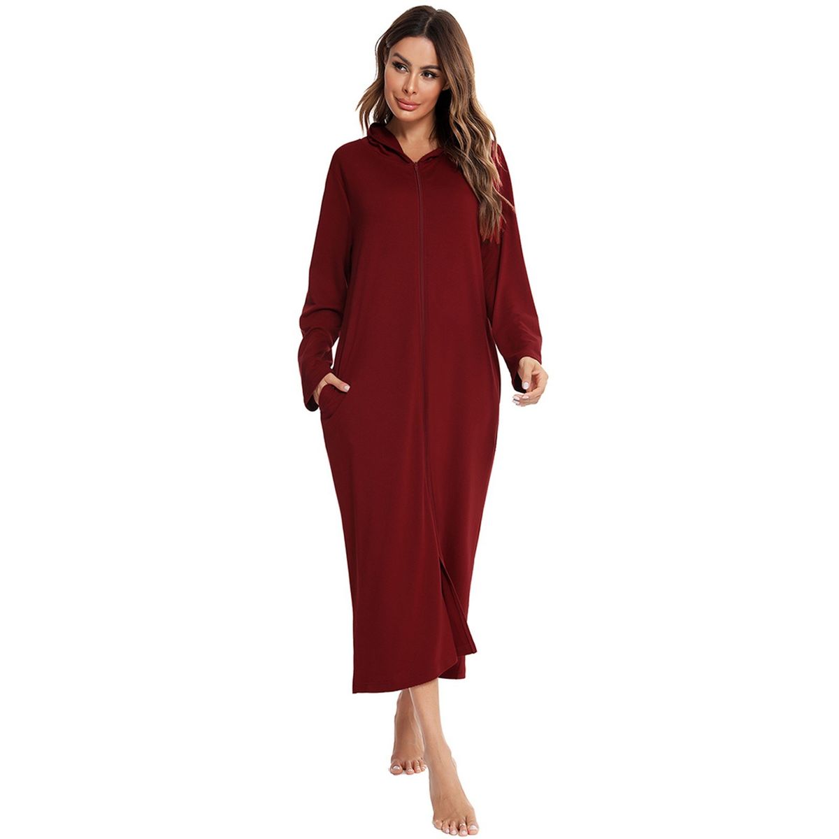 Women Winter Nightgown Hooded Pocket Zip Up Long Sleeve