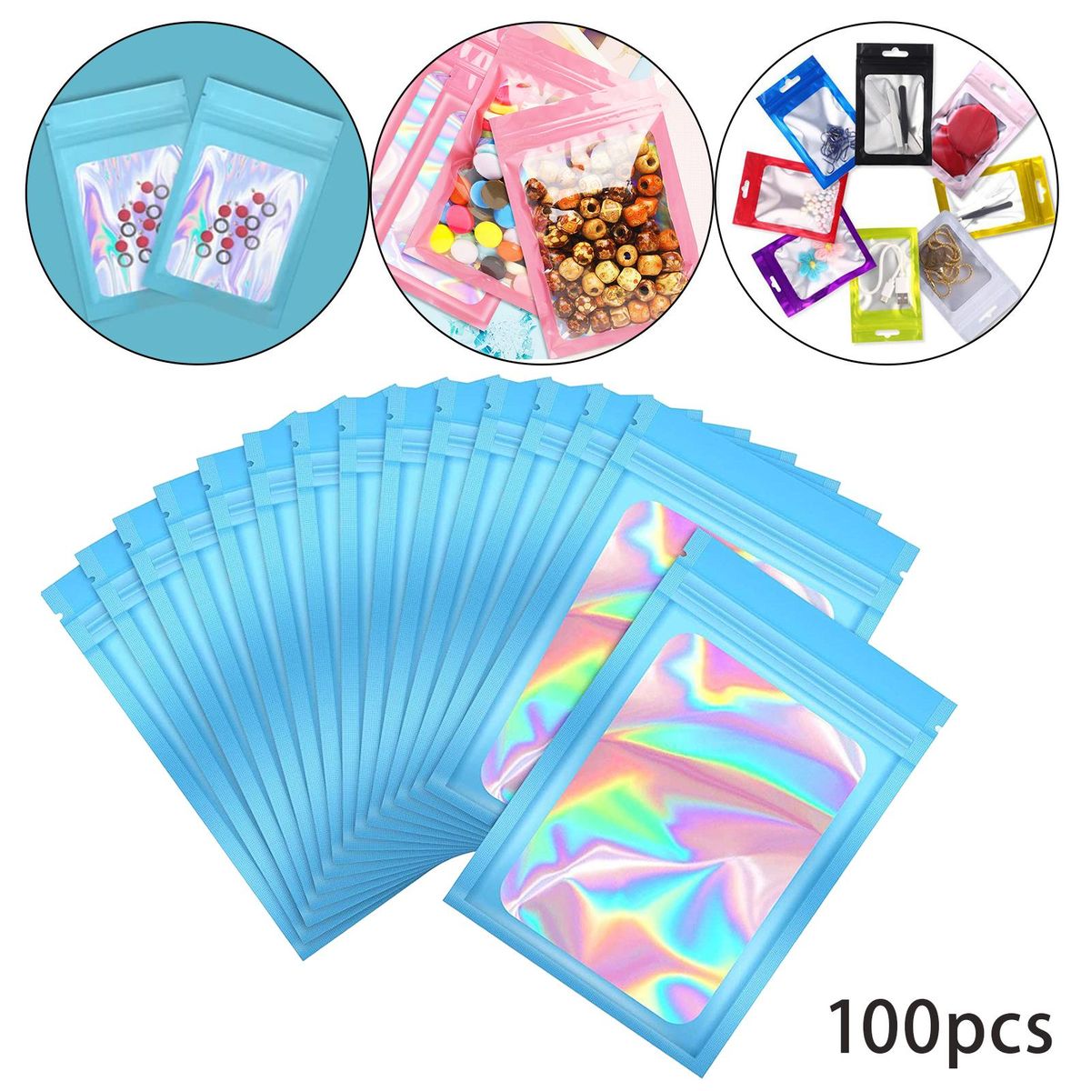 100Pcs Holographic Packaging Bags Waterproof 6x10cm For Food Blue