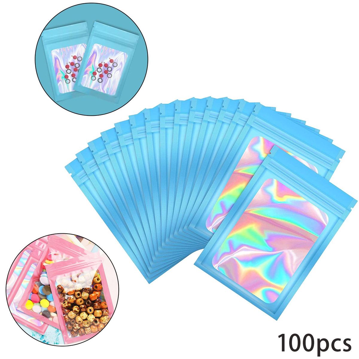 100Pcs Holographic Packaging Bags Waterproof 6x10cm For Food Blue