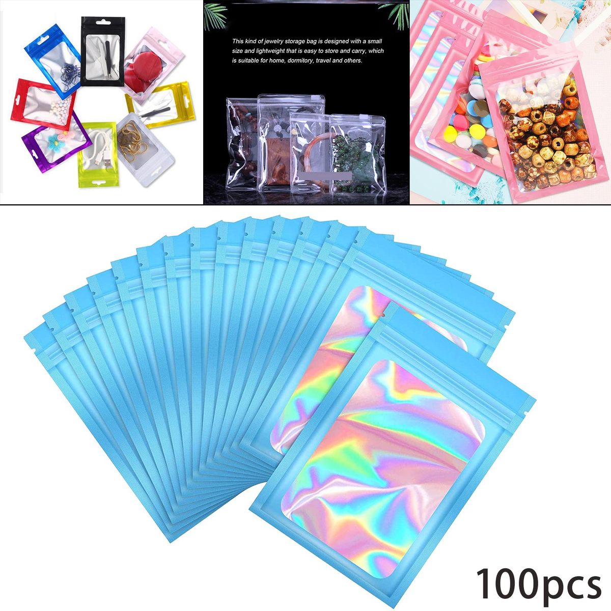 100Pcs Holographic Packaging Bags Waterproof 6x10cm For Food Blue