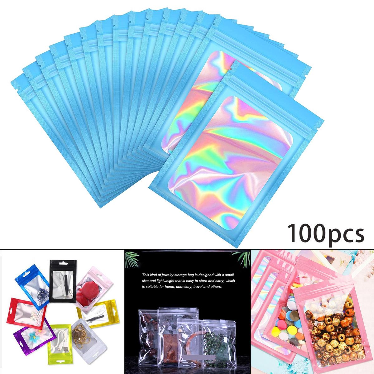 100Pcs Holographic Packaging Bags Waterproof 6x10cm For Food Blue