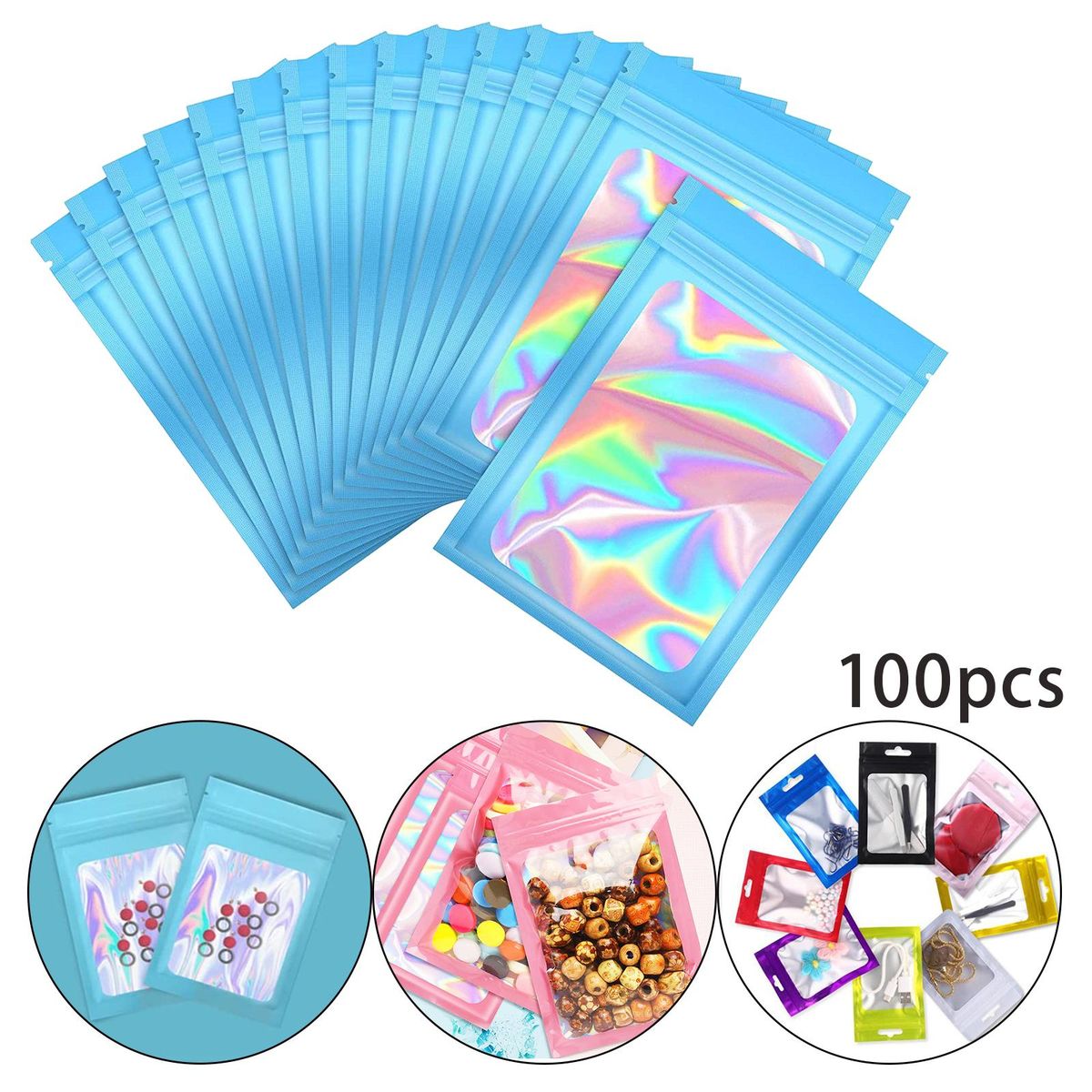 100Pcs Holographic Packaging Bags Waterproof 6x10cm For Food Blue