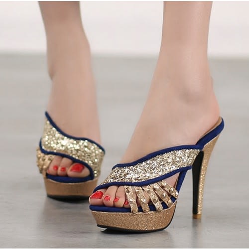 Pencil Heels Bleu Trimmed Slipper - Gold