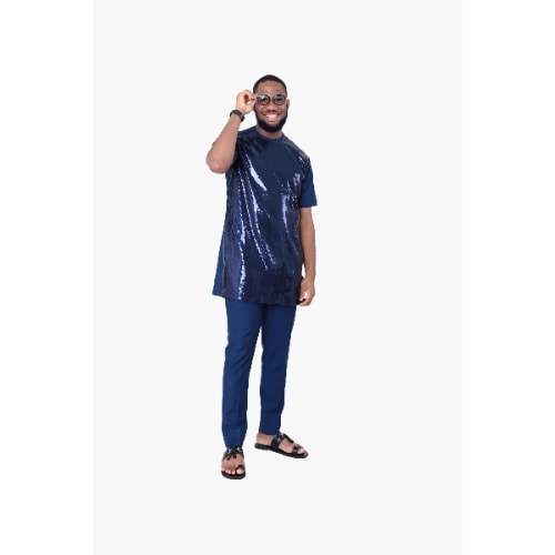 Men's Short Sleeve Kaftan With Sequins - Dark Blue