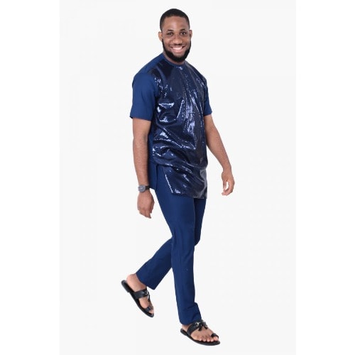 Men's Short Sleeve Kaftan With Sequins - Dark Blue