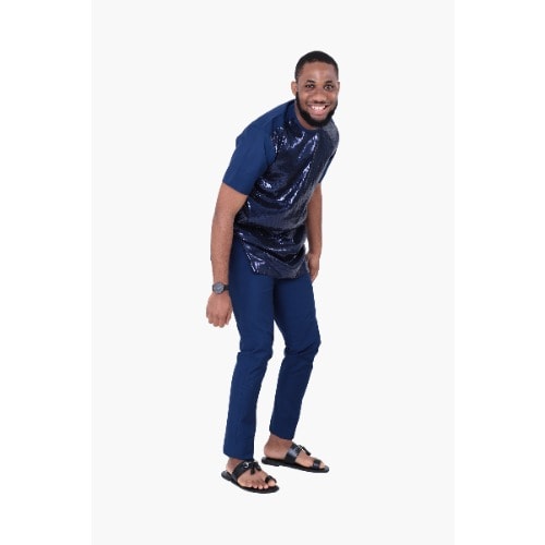 Men's Short Sleeve Kaftan With Sequins - Dark Blue