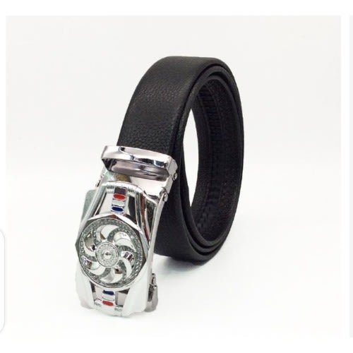 Men's Leather Belt With Rotating Automatic Buckle Design - Silver